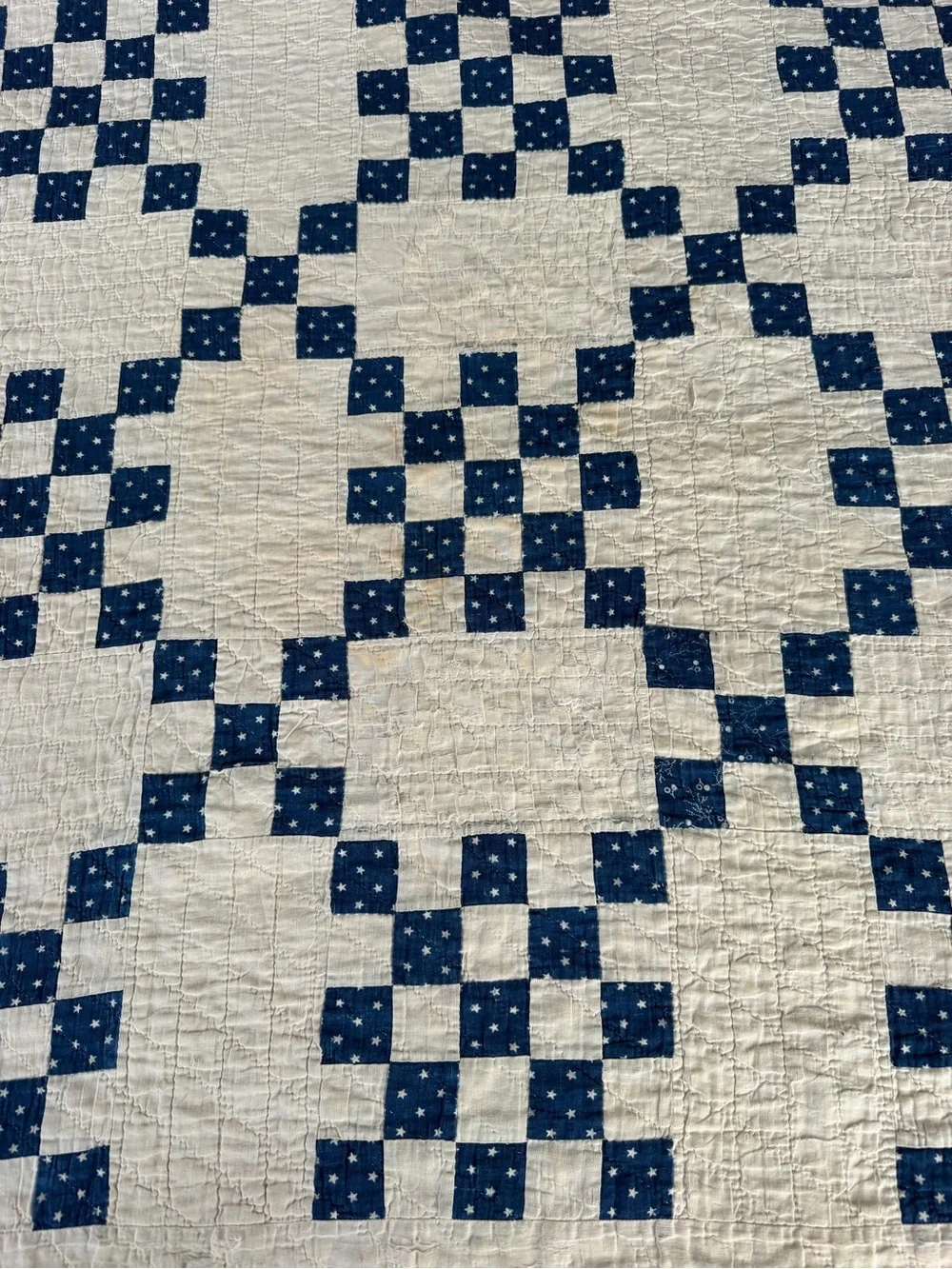 VTG Irish Chain Quilt Blue White Stars Soft Gauzy Cotton 1940s Cutter 70x75
